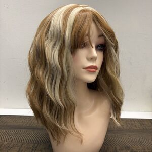 Women Classic Cap Wig Golden Blond Highlights Bangs Wavy Medium Length Synthetic